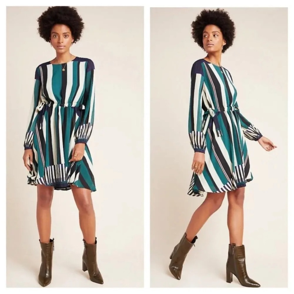 NWOT ANTHROPOLOGIE Sunday In Brooklyn Leger green Dress Striped Fit & Flare Sz S